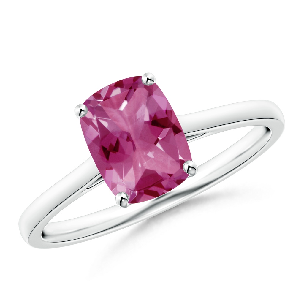 8x6mm AAAA Prong-Set Cushion Pink Tourmaline Solitaire Ring in White Gold