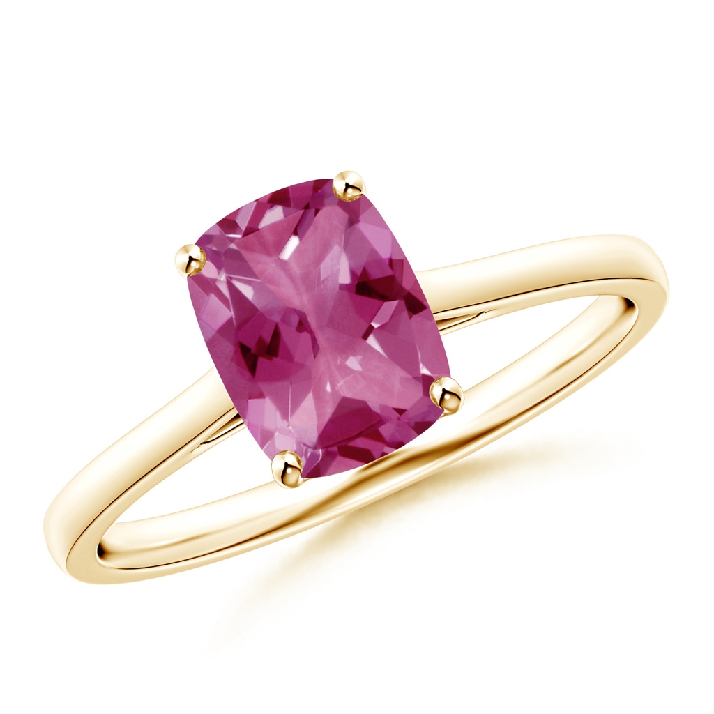 8x6mm AAAA Prong-Set Cushion Pink Tourmaline Solitaire Ring in Yellow Gold