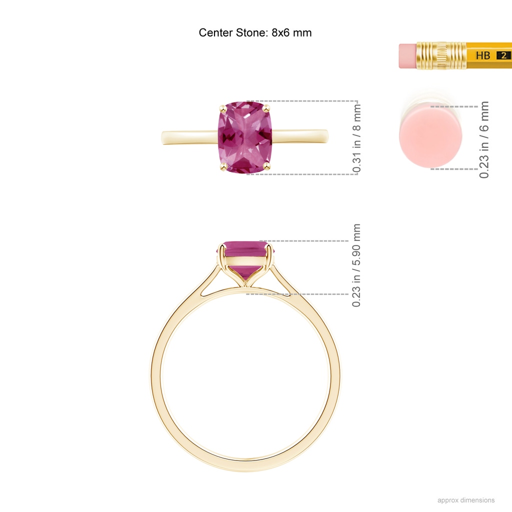 8x6mm AAAA Prong-Set Cushion Pink Tourmaline Solitaire Ring in Yellow Gold Ruler