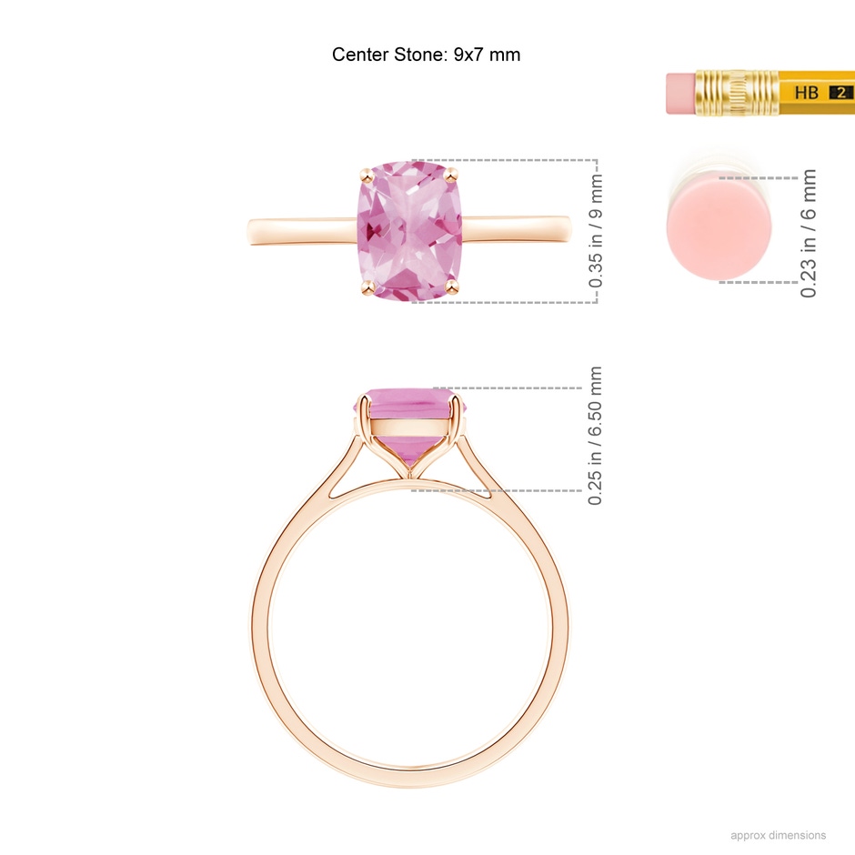 9x7mm A Prong-Set Cushion Pink Tourmaline Solitaire Ring in Rose Gold ruler