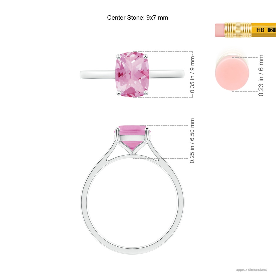 9x7mm A Prong-Set Cushion Pink Tourmaline Solitaire Ring in S999 Silver ruler