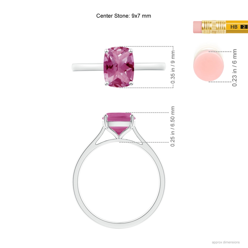9x7mm AAA Prong-Set Cushion Pink Tourmaline Solitaire Ring in White Gold Ruler