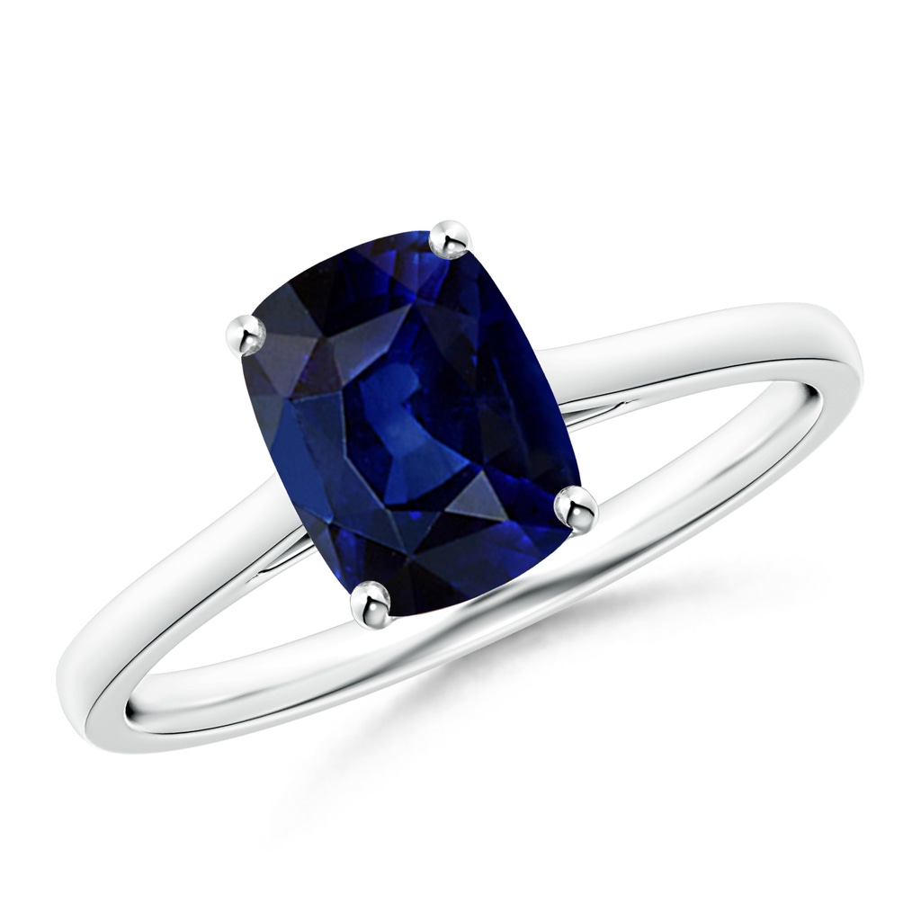 8x6mm AAA Prong-Set Cushion Blue Sapphire Solitaire Ring in White Gold