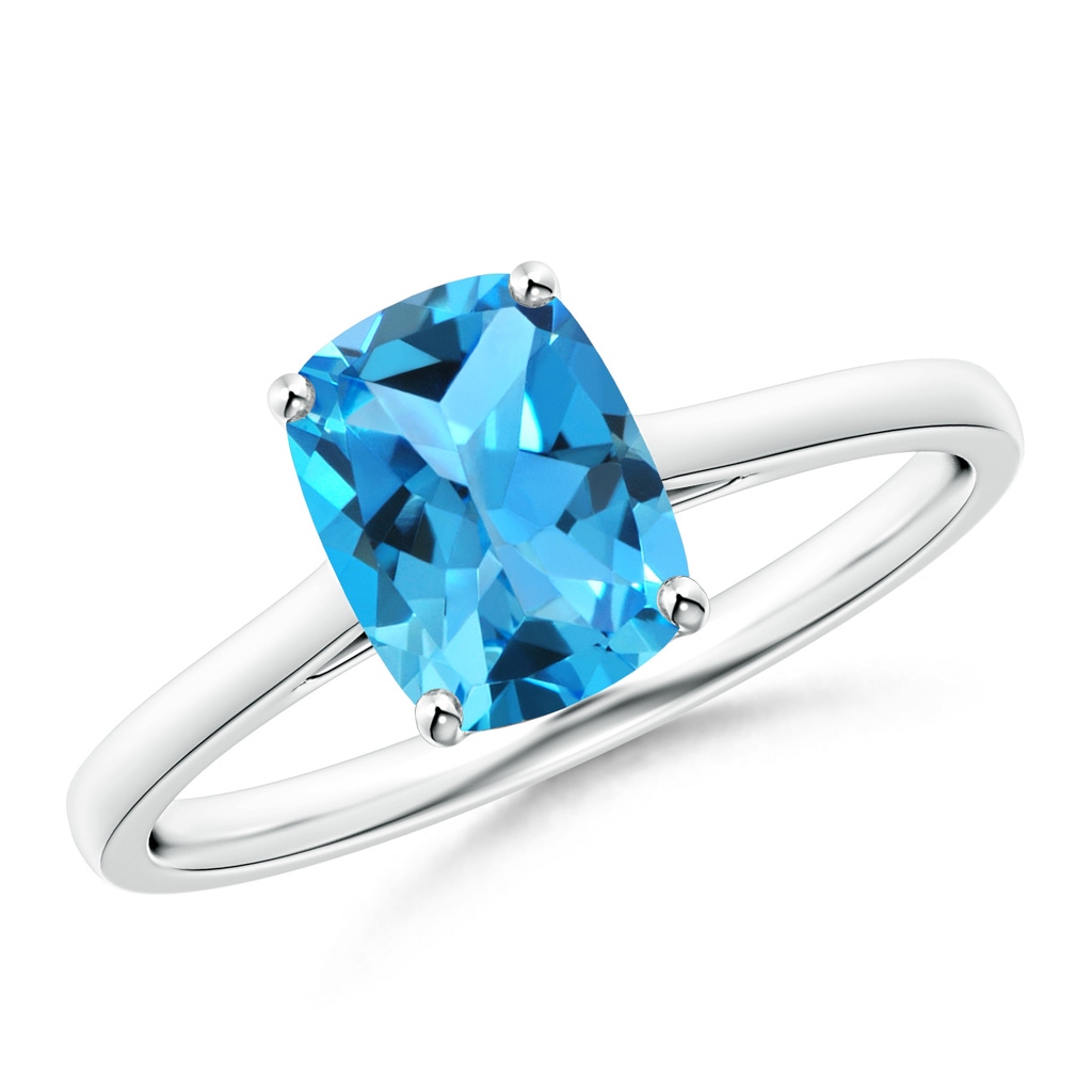 8x6mm AAA Prong-Set Cushion Swiss Blue Topaz Solitaire Ring in White Gold
