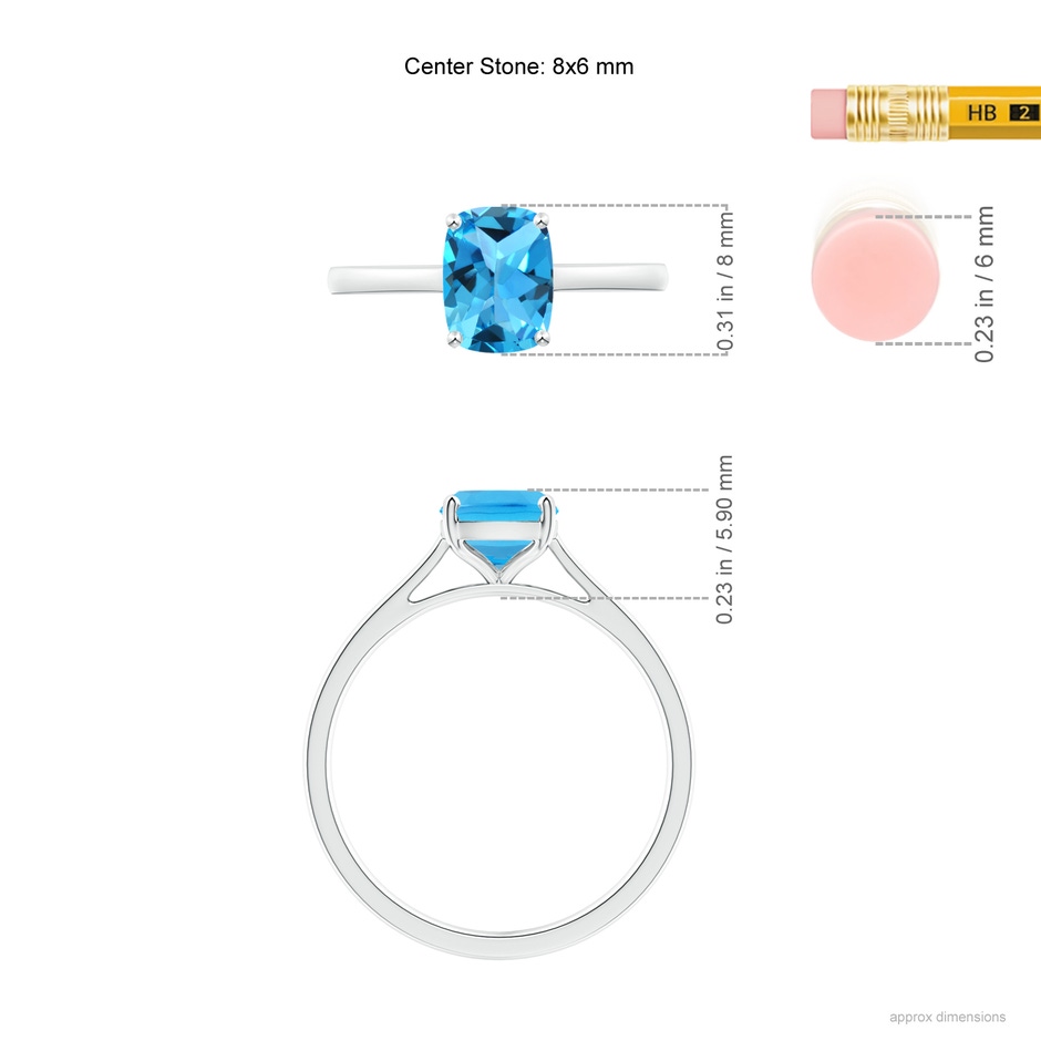 8x6mm AAA Prong-Set Cushion Swiss Blue Topaz Solitaire Ring in White Gold ruler