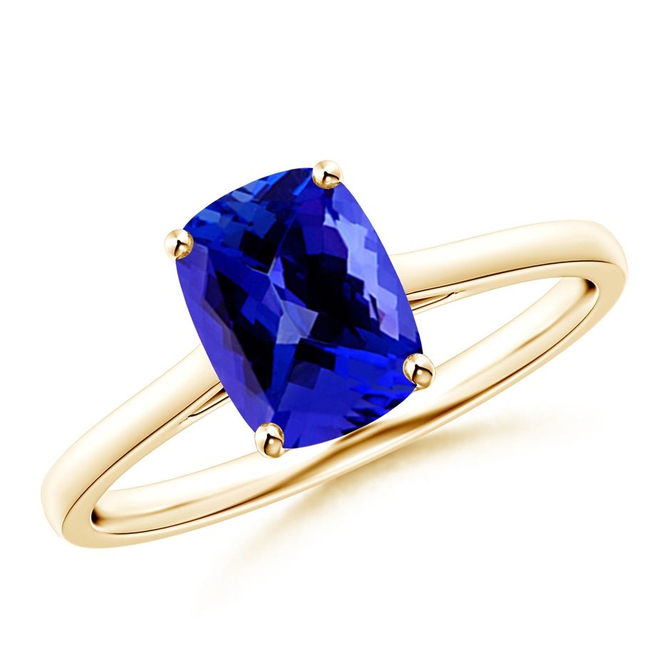 8x6mm AAAA Prong-Set Cushion Tanzanite Solitaire Ring in Yellow Gold 