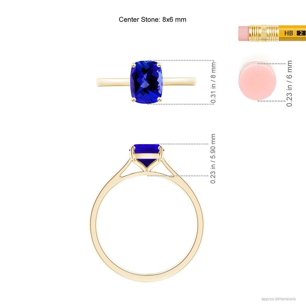8x6mm AAAA Prong-Set Cushion Tanzanite Solitaire Ring in Yellow Gold Ruler