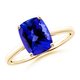 9x7mm AAAA Prong-Set Cushion Tanzanite Solitaire Ring in Yellow Gold