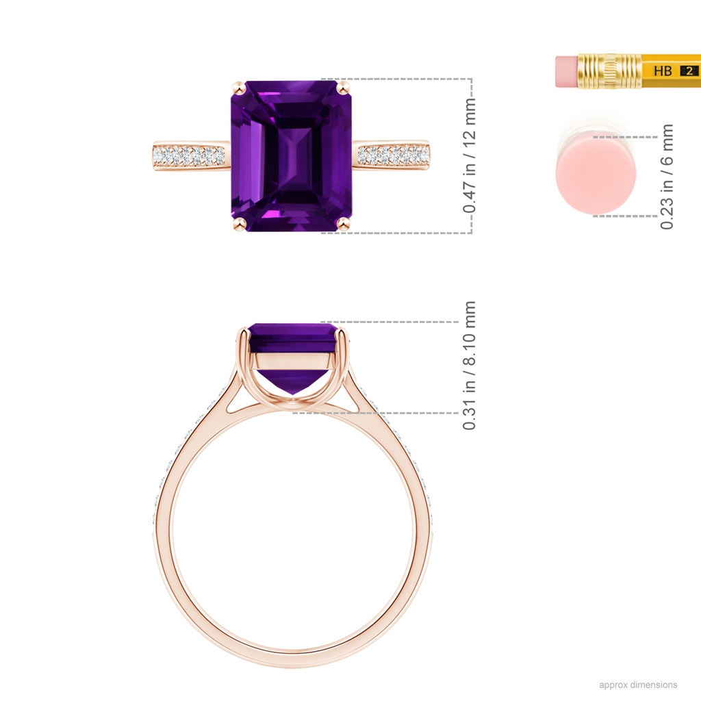 12.10x10.11x7.06mm AAA GIA Certified Emerald-Cut Amethyst Cocktail Ring with Diamond Accents in Rose Gold ruler