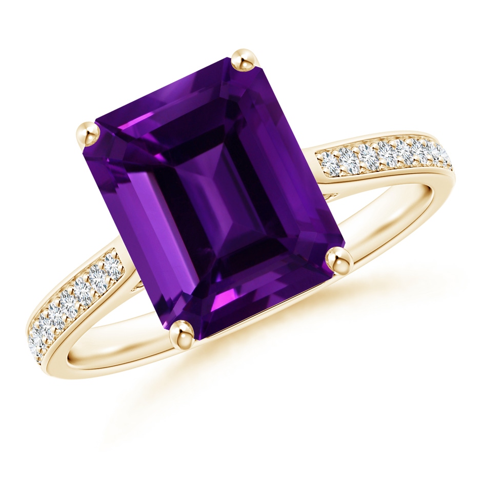 12.10x10.11x7.06mm AAA GIA Certified Emerald-Cut Amethyst Cocktail Ring with Diamond Accents in Yellow Gold 