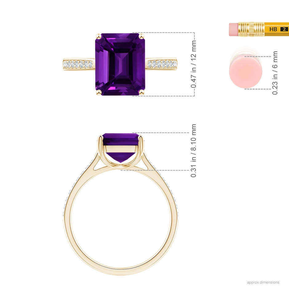 12.10x10.11x7.06mm AAA GIA Certified Emerald-Cut Amethyst Cocktail Ring with Diamond Accents in Yellow Gold ruler