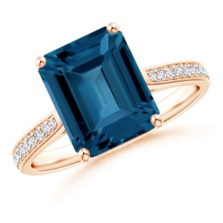 10x8mm AAA Emerald-Cut London Blue Topaz Cocktail Ring with Diamonds in Rose Gold