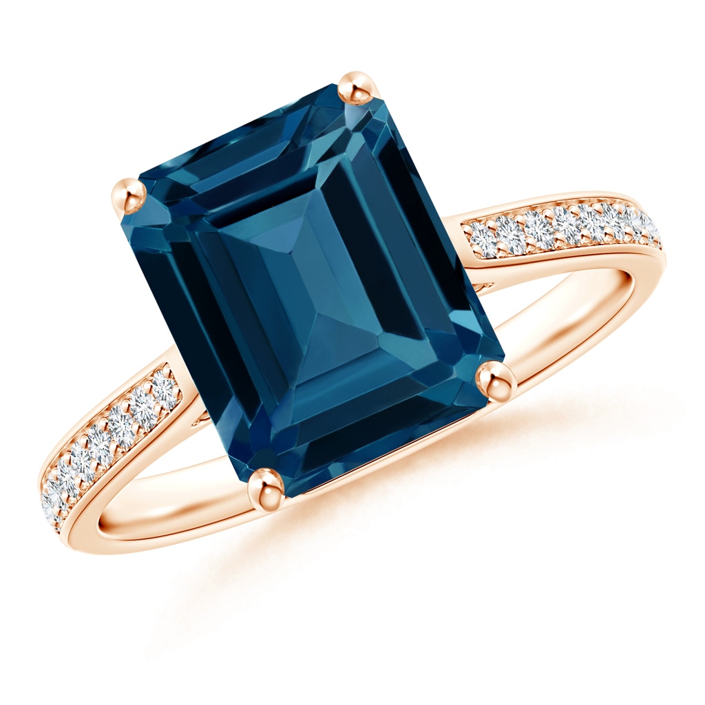 10x8mm AAAA Emerald-Cut London Blue Topaz Cocktail Ring with Diamonds in Rose Gold