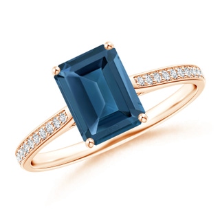 8x6mm AA Emerald-Cut London Blue Topaz Cocktail Ring with Diamonds in 9K Rose Gold