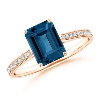 8x6mm AAA Emerald-Cut London Blue Topaz Cocktail Ring with Diamonds in 9K Rose Gold