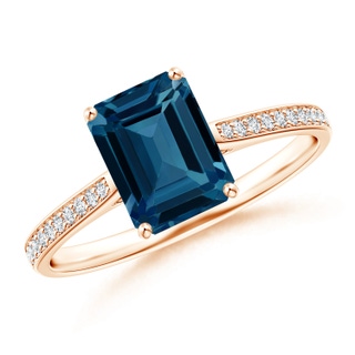 8x6mm AAAA Emerald-Cut London Blue Topaz Cocktail Ring with Diamonds in 9K Rose Gold