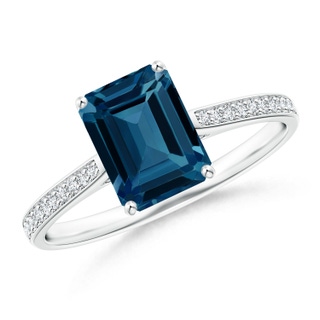 8x6mm AAAA Emerald-Cut London Blue Topaz Cocktail Ring with Diamonds in P950 Platinum