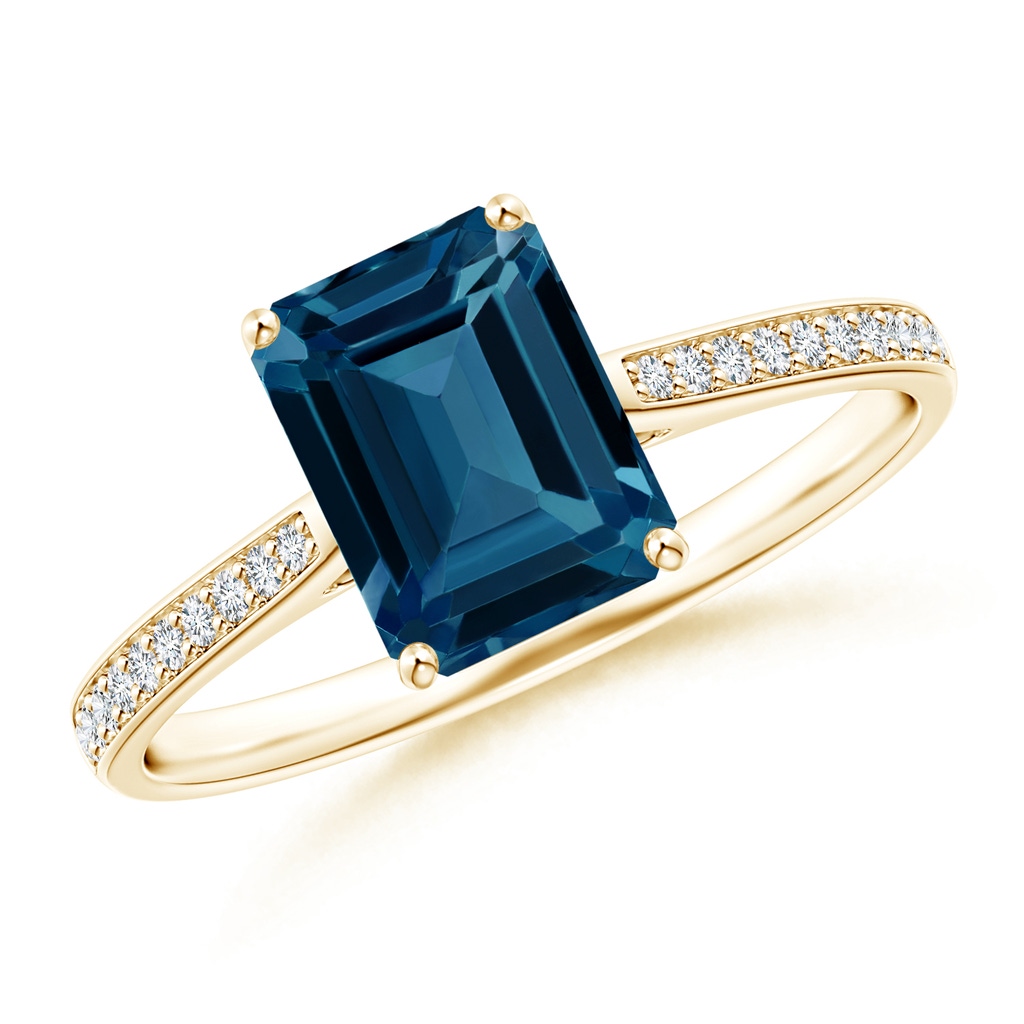 8x6mm AAAA Emerald-Cut London Blue Topaz Cocktail Ring with Diamonds in Yellow Gold