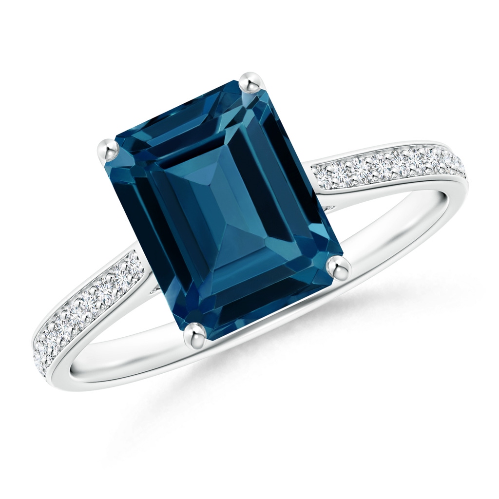 9x7mm AAAA Emerald-Cut London Blue Topaz Cocktail Ring with Diamonds in White Gold