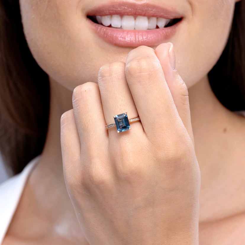 Emerald-Cut London Blue Topaz Cocktail Ring with Diamonds