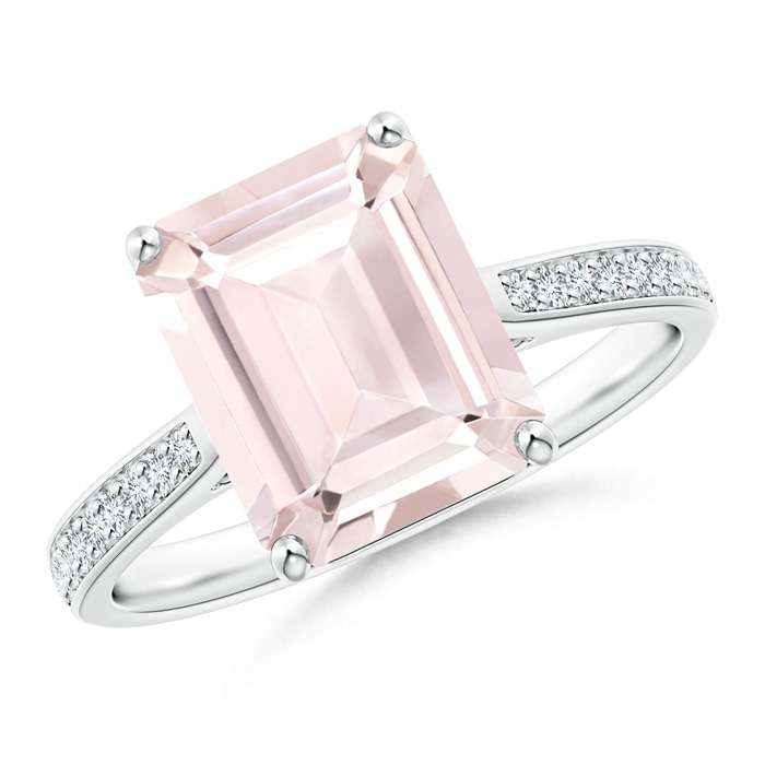 10x8mm A Emerald-Cut Morganite Cocktail Ring with Diamond Accents in White Gold 