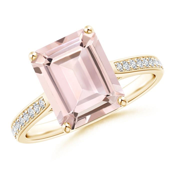 10x8mm AA Emerald-Cut Morganite Cocktail Ring with Diamond Accents in Yellow Gold 