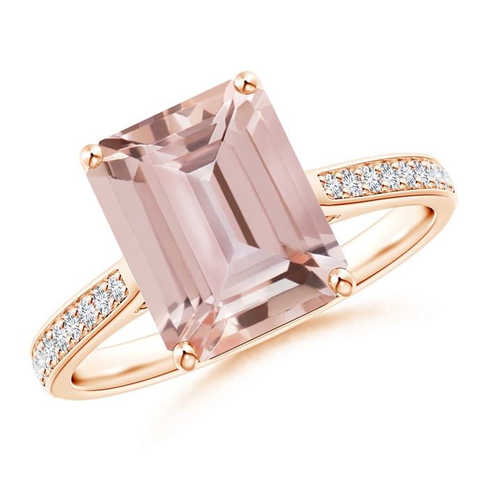 10x8mm AAA Emerald-Cut Morganite Cocktail Ring with Diamond Accents in Rose Gold 