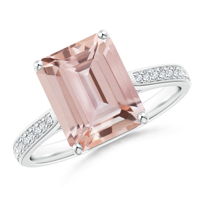 10x8mm AAA Emerald-Cut Morganite Cocktail Ring with Diamond Accents in White Gold 