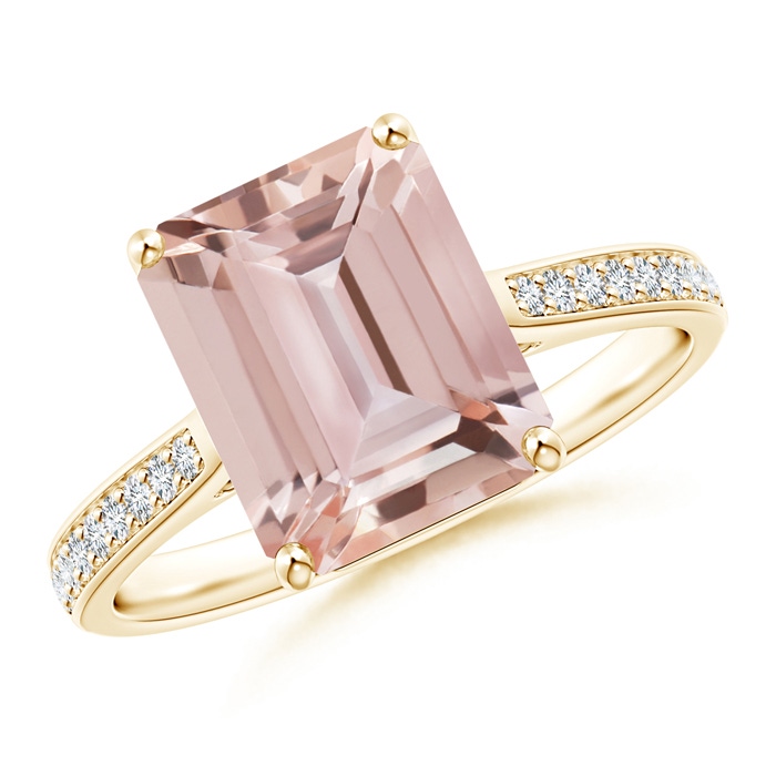 10x8mm AAA Emerald-Cut Morganite Cocktail Ring with Diamond Accents in Yellow Gold 