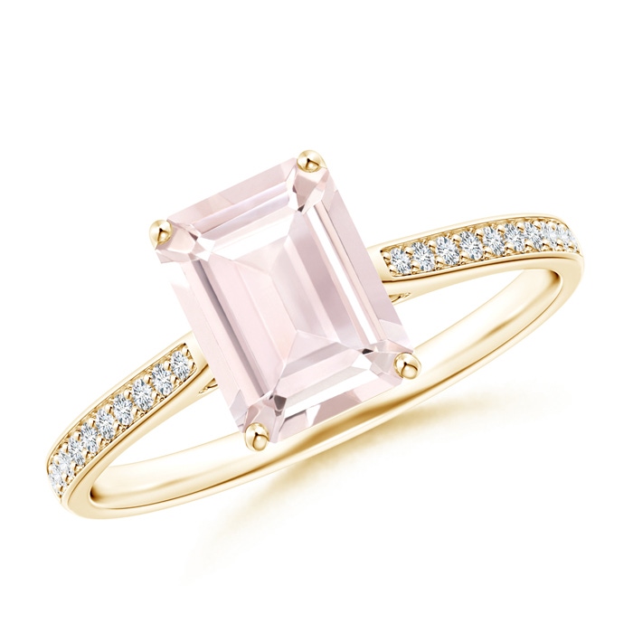 8x6mm A Emerald-Cut Morganite Cocktail Ring with Diamond Accents in Yellow Gold 