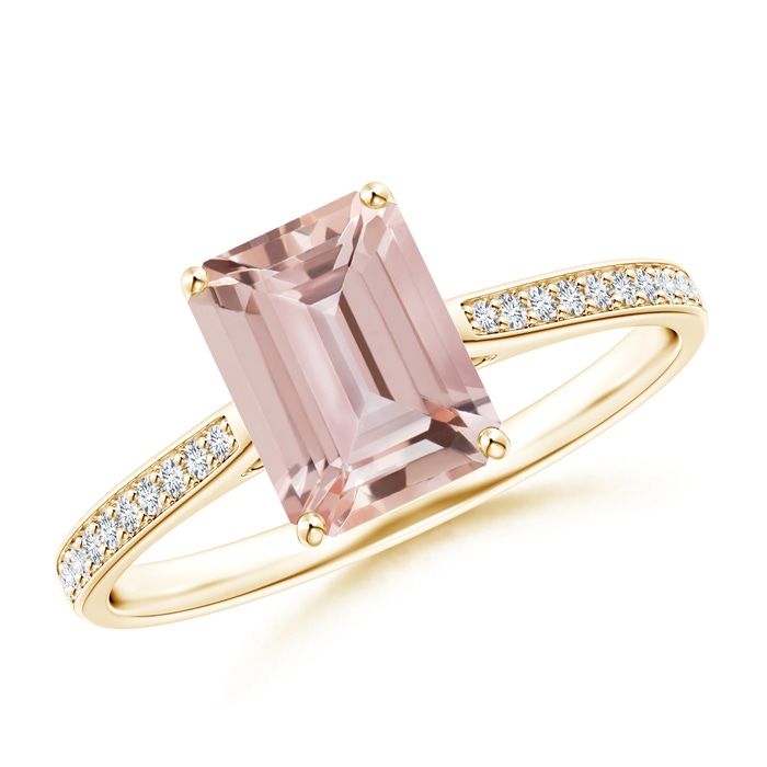8x6mm AAA Emerald-Cut Morganite Cocktail Ring with Diamond Accents in 9K Yellow Gold