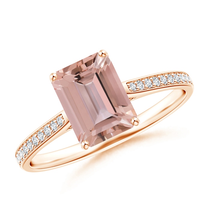 8x6mm AAAA Emerald-Cut Morganite Cocktail Ring with Diamond Accents in Rose Gold 