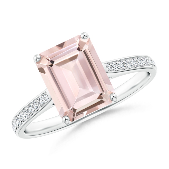 9x7mm AA Emerald-Cut Morganite Cocktail Ring with Diamond Accents in 9K White Gold 