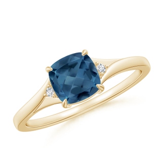 6mm A Split Shank Cushion London Blue Topaz Solitaire Ring in 9K Yellow Gold