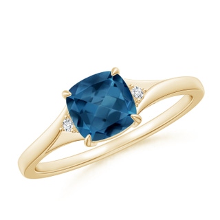 6mm AA Split Shank Cushion London Blue Topaz Solitaire Ring in 9K Yellow Gold