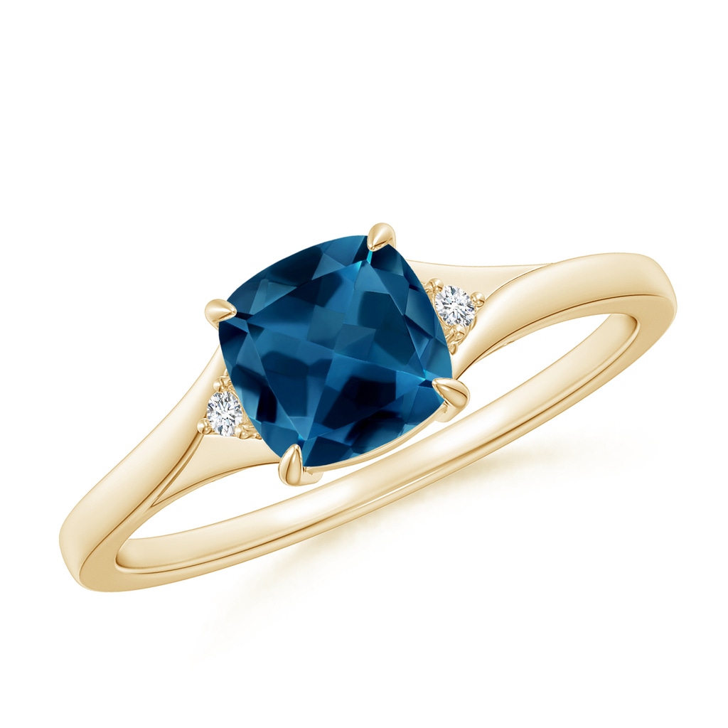 6mm AAA Split Shank Cushion London Blue Topaz Solitaire Ring in Yellow Gold