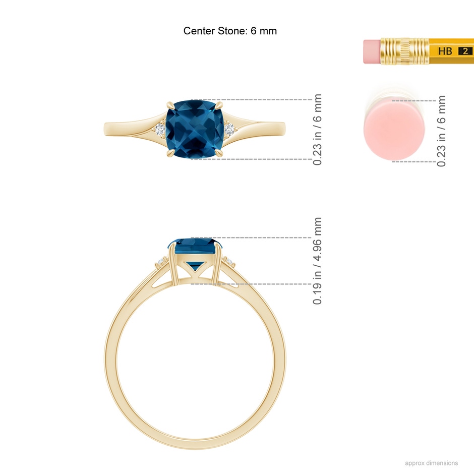 6mm AAA Split Shank Cushion London Blue Topaz Solitaire Ring in Yellow Gold ruler