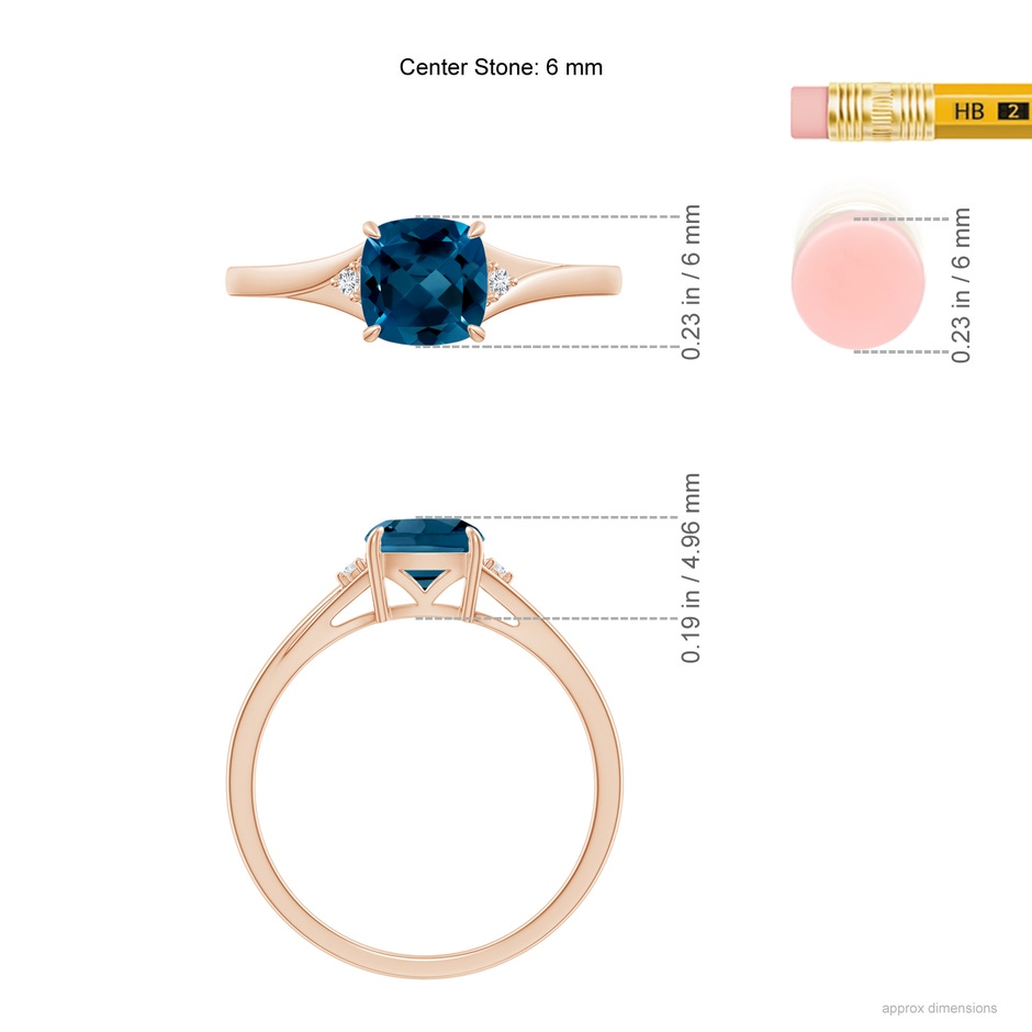 6mm AAAA Split Shank Cushion London Blue Topaz Solitaire Ring in Rose Gold ruler