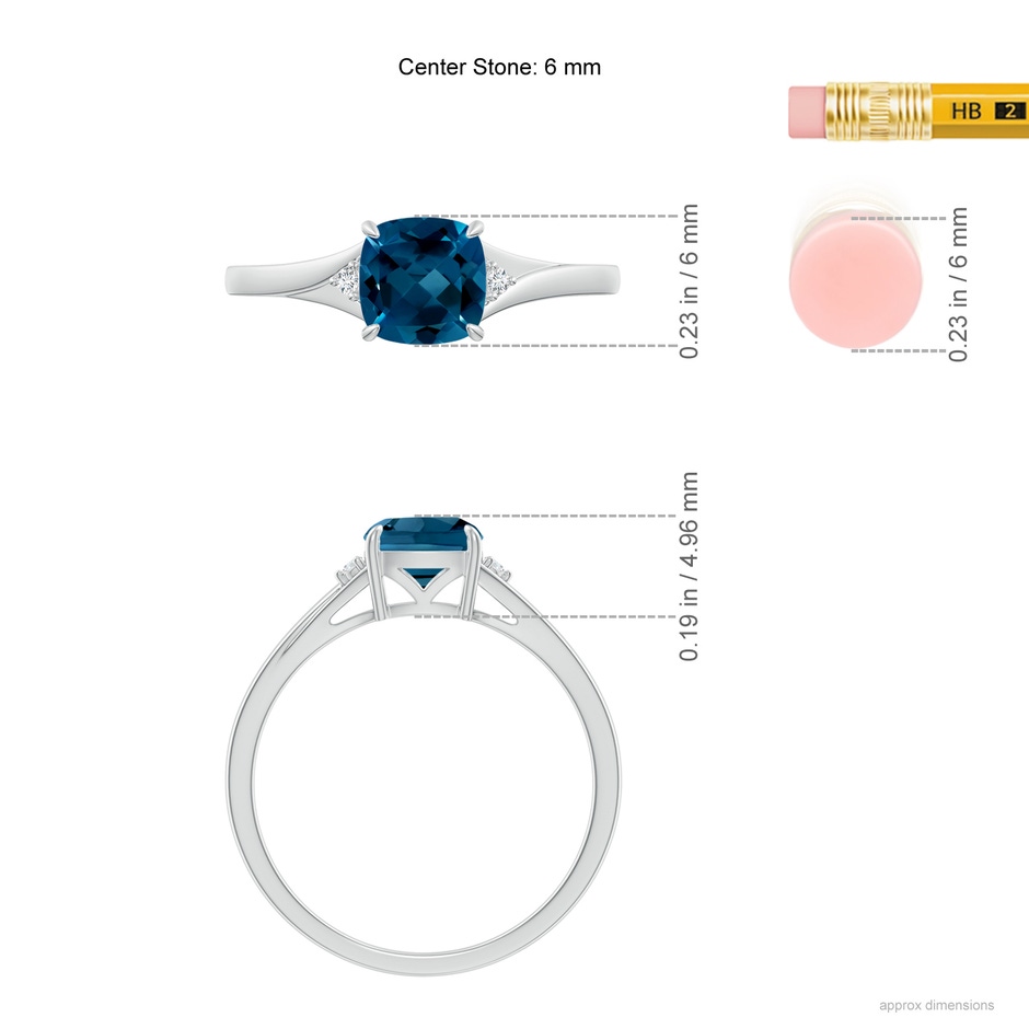6mm AAAA Split Shank Cushion London Blue Topaz Solitaire Ring in White Gold ruler