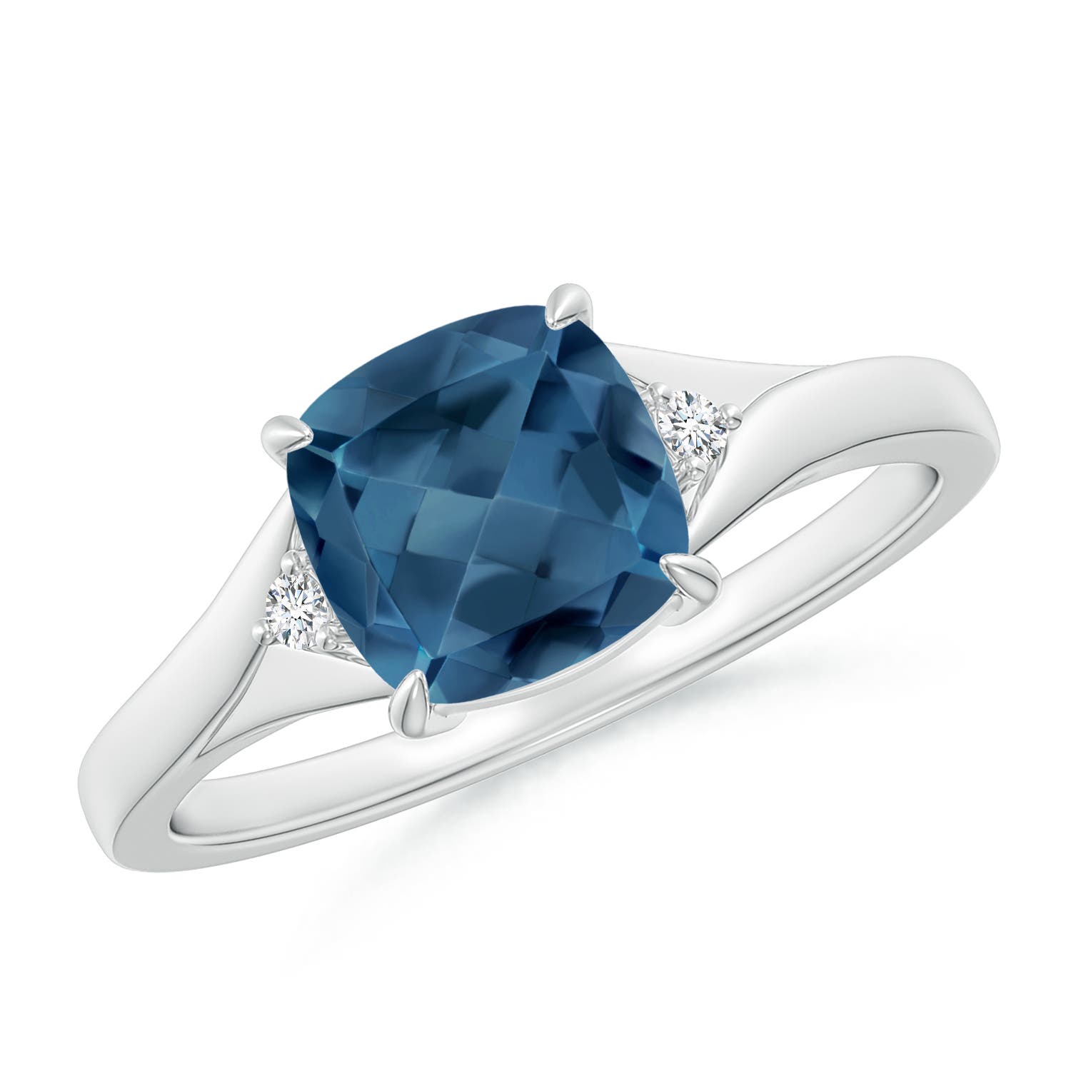 7mm A Split Shank Cushion London Blue Topaz Solitaire Ring in P950 Platinum