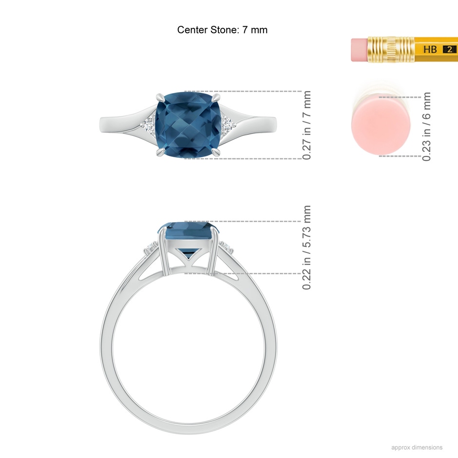 7mm A Split Shank Cushion London Blue Topaz Solitaire Ring in White Gold ruler