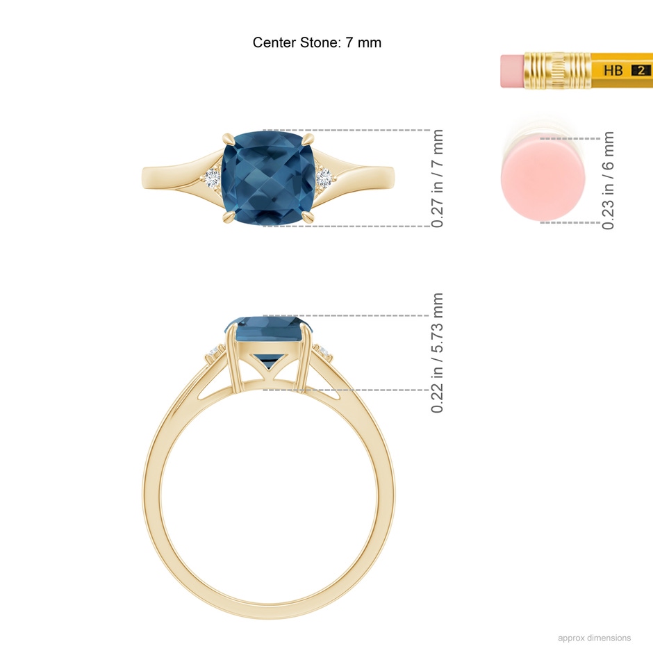 7mm A Split Shank Cushion London Blue Topaz Solitaire Ring in Yellow Gold ruler
