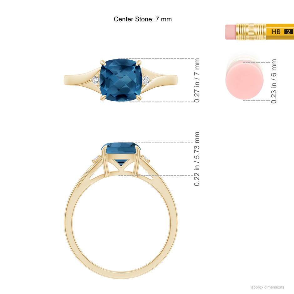 7mm AA Split Shank Cushion London Blue Topaz Solitaire Ring in Yellow Gold ruler