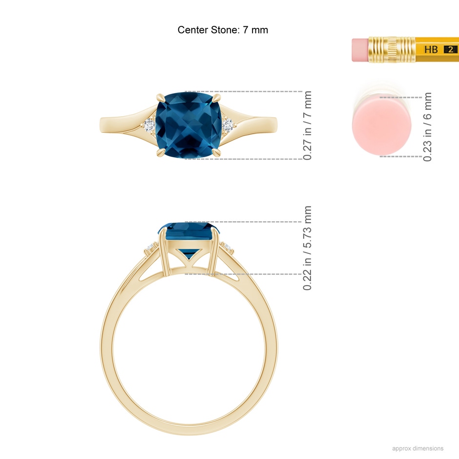 7mm AAA Split Shank Cushion London Blue Topaz Solitaire Ring in Yellow Gold ruler