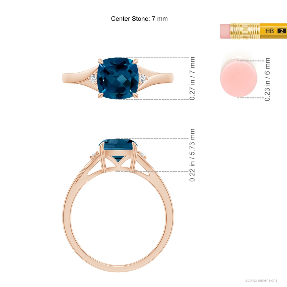 7mm AAAA Split Shank Cushion London Blue Topaz Solitaire Ring in Rose Gold ruler