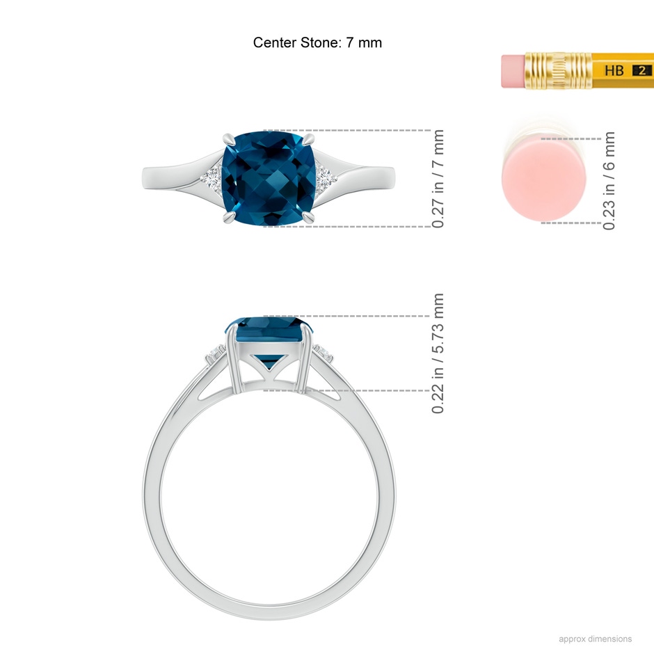 7mm AAAA Split Shank Cushion London Blue Topaz Solitaire Ring in White Gold ruler
