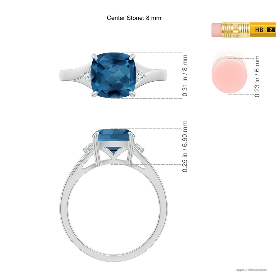 8mm AA Split Shank Cushion London Blue Topaz Solitaire Ring in White Gold ruler