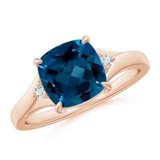 8mm AAAA Split Shank Cushion London Blue Topaz Solitaire Ring in Rose Gold