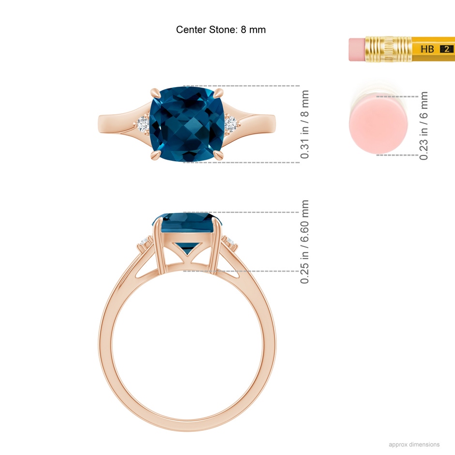 8mm AAAA Split Shank Cushion London Blue Topaz Solitaire Ring in Rose Gold ruler