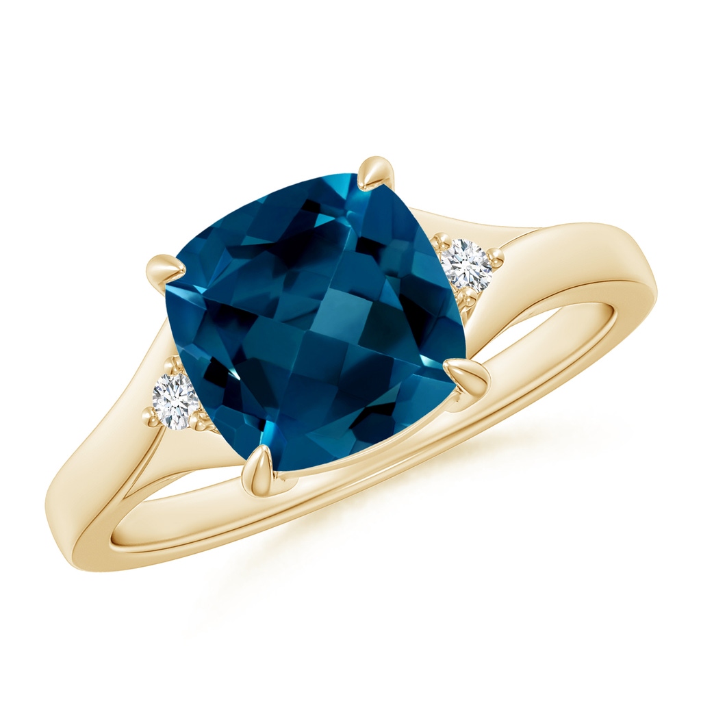 8mm AAAA Split Shank Cushion London Blue Topaz Solitaire Ring in Yellow Gold